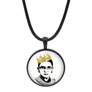 Supreme Court Justice RBG portrait necklace with black cord and golden crown art