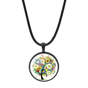 Collier Pendentif Cabochon En Verre Arbre De Vie Alliage De Zinc Cordon En Cuir Noir Bijoux Artistiques