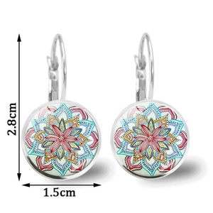 Mandala glass gemstone drop earrings with silver hooks showing dimensions 2.8cm and 1.5cm