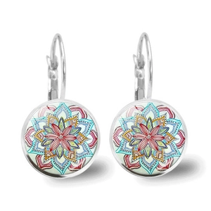 Mandala Flower Round Drop Earrings For Women Bohemian Vintage Ethnic Style Alloy Glass Cabochon Jewelry Leverback Closure