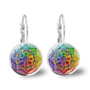 Mandala pattern glass cabochon earrings with colorful geometric design and alloy hooks