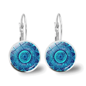 Blue mandala flower lever-back drop earrings with silver metal base and glass dome