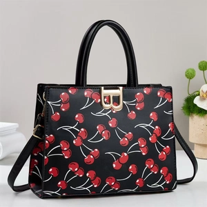 Sac À Main Femme En Cuir PU Imprimé Cerise Boucle B Dorée Grande Capacité Sac Bandoulière Fourre-Tout Élégant