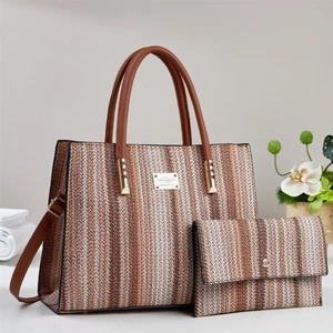 Women Woven Stripe Tote Bag And Clutch Handheld Shoulder Crossbody Bag Synthetic Leather Large Capacity Casual Daily Top Handle Bag