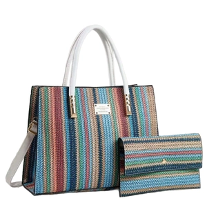 Contrast color woven plaid tote and matching envelope clutch two-piece bag set for women