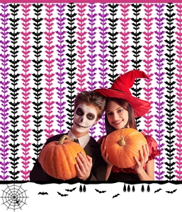 Halloween bat fringe curtain backdrop with models in skull and witch costumes for parties