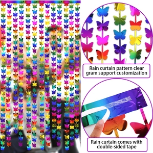Macro shot of iridescent laser butterfly fringe curtain with adhesive tape for party decor