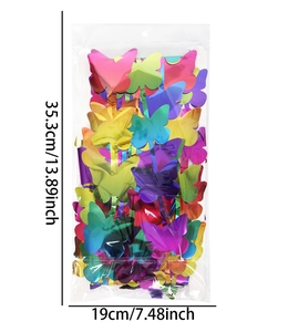 Detailed packaging view showing dimensions for colorful butterfly foil fringe curtain