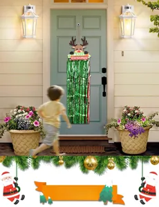 Detail of Christmas door hanging with reindeer felt top, Merry Christmas sign and tinsel fringe