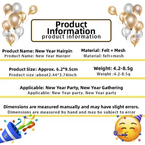 Detailed size and weight specifications for New Year party felt and mesh hairpins