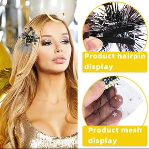 Detailed views of Happy New Year party hat hair clip with gold stars and black mesh veil