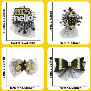Detailed dimensions of 2026 black and gold New Year party hair clips with glitter stars