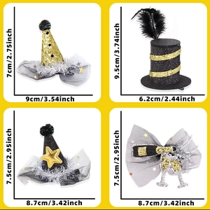 Detail view of 2026 New Year hair clips with dimensions in gold and black glitter