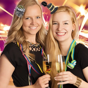 Detail of 2026 New Year party headband and mini hat with gold accents and feathers