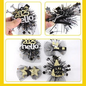 Detail of 2025 New Year hair clips with gold stars and mesh veil party decorations