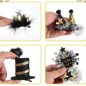 Black Gold New Year Party Hair Clips Mini Top Hat Star Crown Glitter Mesh Bow Festive Celebration Hair Accessories For Women Kids 2025 2026