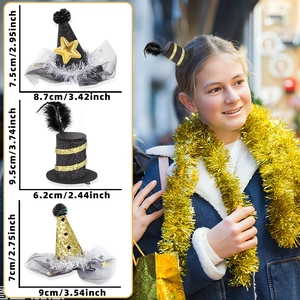 Black and gold New Year mini top hat hair clips with glitter mesh and feathers