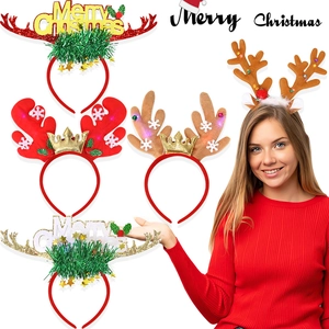 LED Light Up Christmas Reindeer Antler Headband Merry Christmas Glitter Crown Snowflake Reindeer Ear Hair Hoop Festival Party Supplies For Women Kids