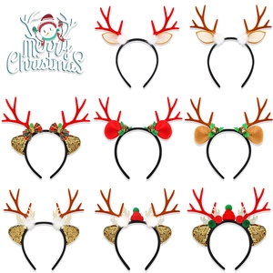 Serre-tête de Noël Bois de Cerf Avec Oreilles à Paillettes Boules de Fourrure Cloches Nœuds Accessoire de Cheveux Festif Fête