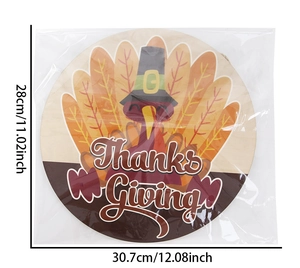 Detail view of round wooden Thanksgiving turkey sign showing dimensions 28x30.7cm
