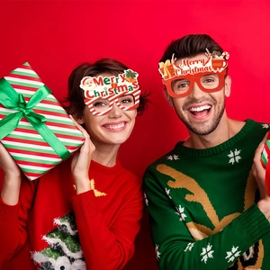 Festive Christmas party glasses featuring Santa Claus and reindeer horns on red frames