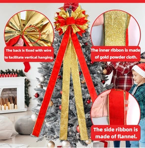 Detail of red flannel and gold glitter ribbon bow for Christmas tree topper decoration