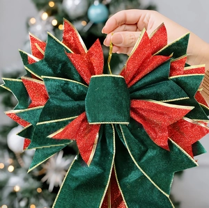Large Christmas velvet bow with gold glitter edges for tree topper decoration