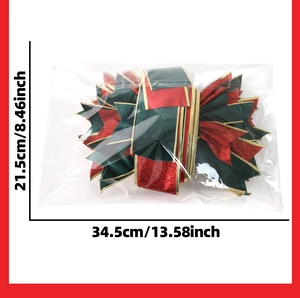 Detail of red and green Christmas bow with gold edges and dimensions 34.5x21.5cm