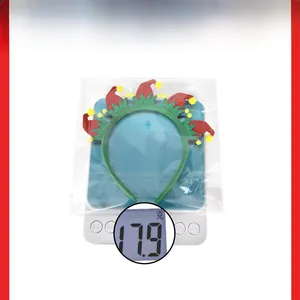 Christmas elf hat headband inside polybag on a digital scale showing 17.9g weight