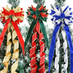 Large velvet Christmas tree topper bows with glitter ribbons in red gold and blue