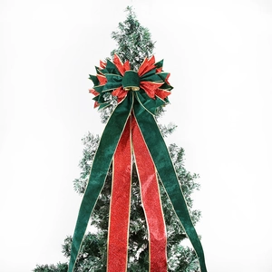 Red and green velvet Christmas tree topper bow with glitter accents and gold edges
