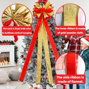 Large red velvet and gold glitter Christmas tree topper bow with wire back for hanging