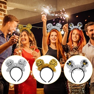 2026 New Year party headbands with gold and silver glitter numbers and tinsel decor