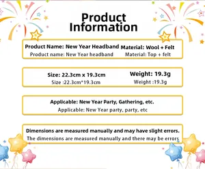 Detailed size specifications for the 2026 New Year party headband in black and gold