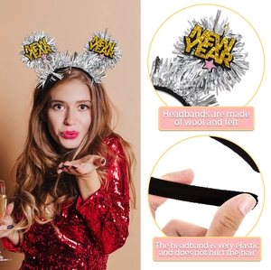 Detail view of 2026 New Year headband with silver tinsel and gold glitter star decorations