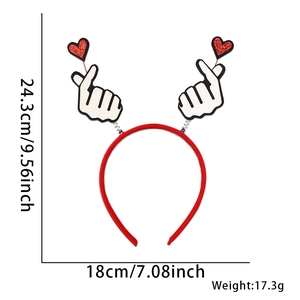 Red heart headband with glitter heart finger gesture and dimensions 24.3cm by 18cm