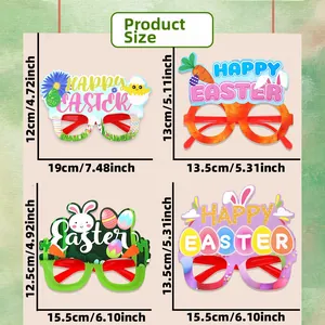Detailed size chart for Easter party glasses featuring bunnies and eggs with dimensions