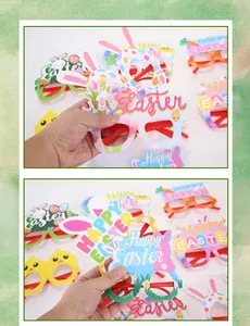 Detail of colorful Easter PVC glasses frames with rabbit ears and egg patterns for party fun
