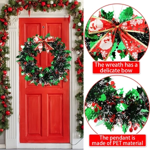 Christmas wreath with green PET garland and red bow for holiday home door decoration
