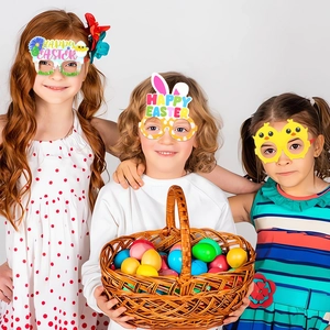 Kids colorful Easter party glasses set featuring bunny ears, chicks and festive eggs