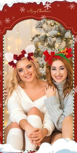 Detail of plush Christmas reindeer antler headbands with festive bow and gift box accents
