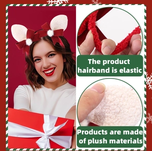 Detail of plush Christmas reindeer antler headband with soft elastic and red bow