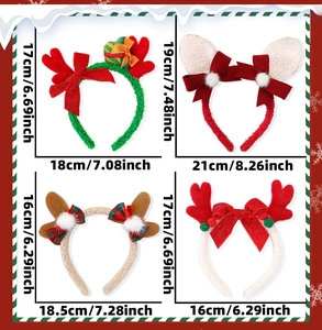 Detailed size chart showing four festive Christmas reindeer antlers with plush headbands