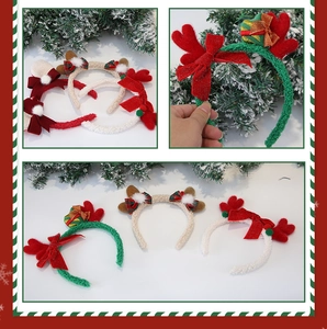 Detail of Christmas reindeer antler headband with plush texture, bows and festive gift decor