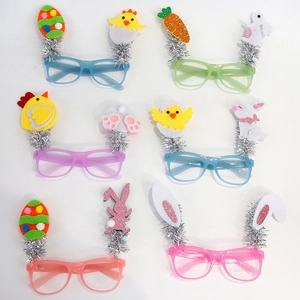 Easter glasses set with rabbit ears, eggs, and chicks for festive party decorations