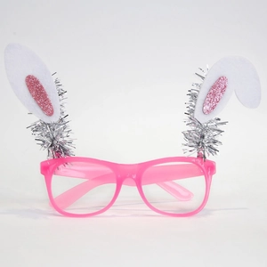 Pink Easter bunny ear glasses with white felt ears and silver sequins party prop