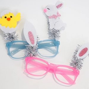 Easter party glasses set with bunny and chick glitter felt decorations on white background
