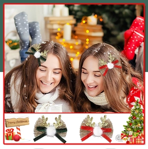 Détails des pinces à cheveux bois de renne à paillettes avec nœuds en velours et pompons