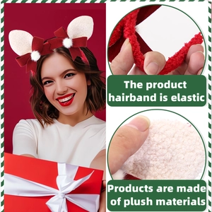 Elastic Christmas headband with plush reindeer antlers and festive red bows decoration