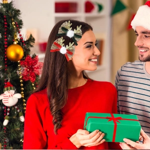 Détails de pinces à cheveux bois de renne pailletés avec nœuds en velours pour Noël